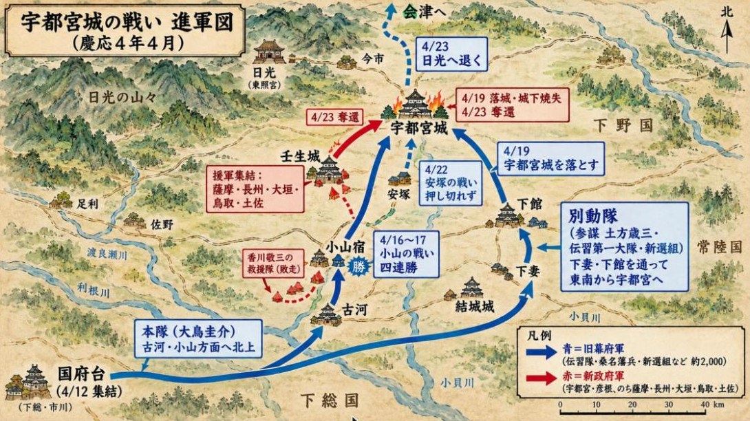 宇都宮城の戦い 進軍図(慶応4年4月)。旧幕府軍は国府台から二手に分かれて北上し、小山と宇都宮で勝つが、23日に宇都宮を奪い返されて日光へ退いた