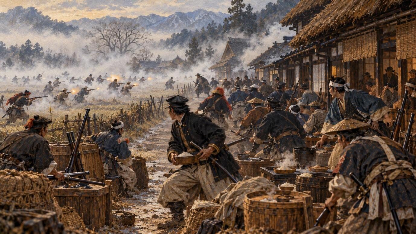 霧の朝、梁田宿で朝食中の衝鋒隊を新政府軍が襲う（イラスト）