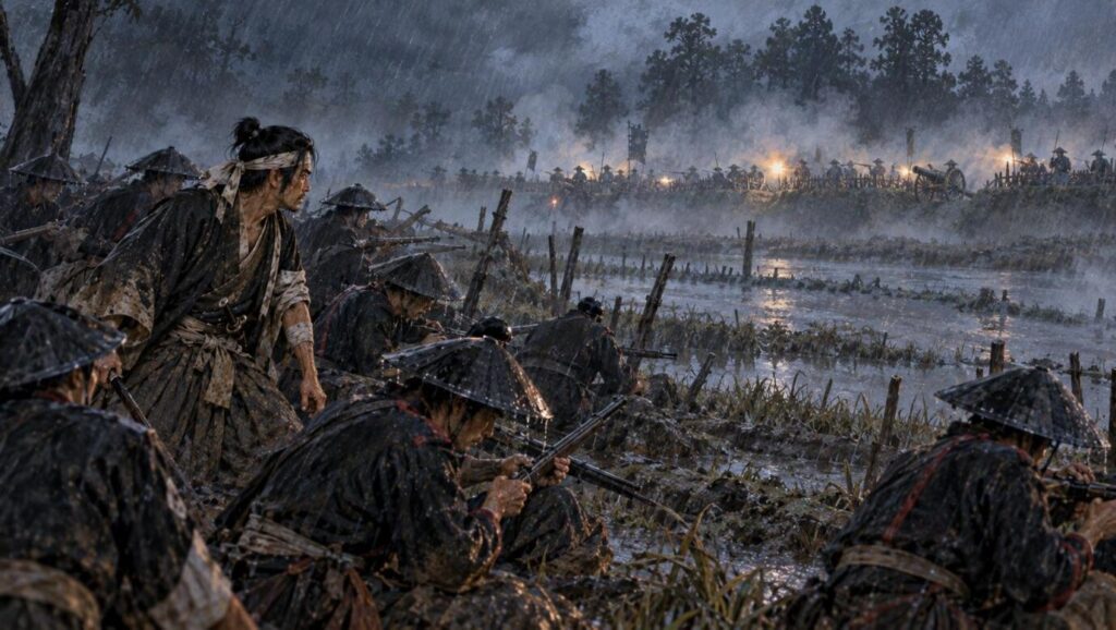 暴風雨の安塚で新政府軍の陣地に向かう旧幕府軍のイメージイラスト