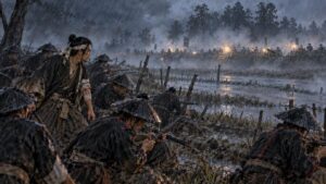 暴風雨の安塚で新政府軍の陣地に向かう旧幕府軍のイメージイラスト