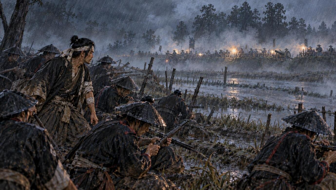 暴風雨の安塚で新政府軍の陣地に向かう旧幕府軍のイメージイラスト