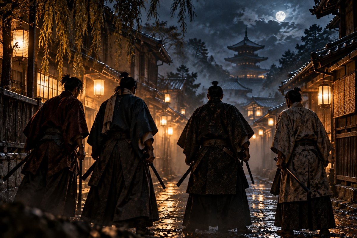 幕末の京都の夜、四人の刺客のシルエット